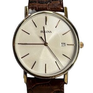 Bulova Mens Classic Dress Watch 98H51 Gold Tone Silver Dial Brown Leather Strap